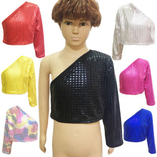 Stage Cheerleading Costume for Boys and Girls Dot Shoulder Long-sleeved T-shirt Exposeful Waist Single Shoulder Top Photography Dance Clothes