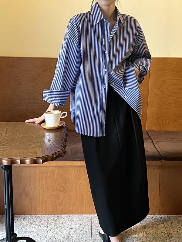 法式复古蓝色条纹衬衫女设计感小众法式上衣慵懒风宽松长袖衬衣外|undefined
