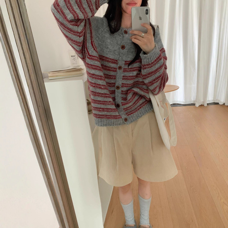 韩系羊驼绒休闲慵懒风条纹针织开衫女2025秋冬季新款早秋毛衣外套|undefined