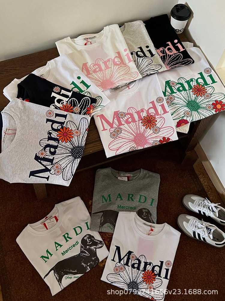 Korean Version In-Stock Mardi Short-Sleeve Women's 26 Summer New Daisy and Dachshund Print Round-Neck Pure Cotton Top T-Shirt
