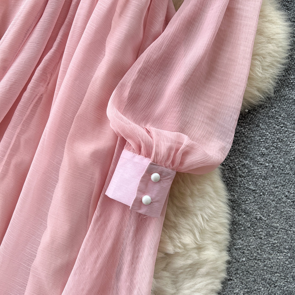 Elegant V Neck Dress Korean Style Rhinestone Embellished Waist Cinching Slimming Sophisticated Long Dress Lantern Sleeve_ecoleips.com