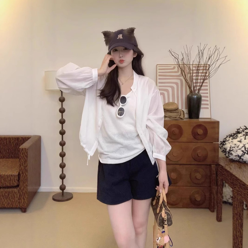 Lyocell Lenzing Tencel Linen Cotton Stand-Up Collar Shirt Summer Thin Rain Dew Linen Small Round Neck Drawstring Cardigan Light and Thin