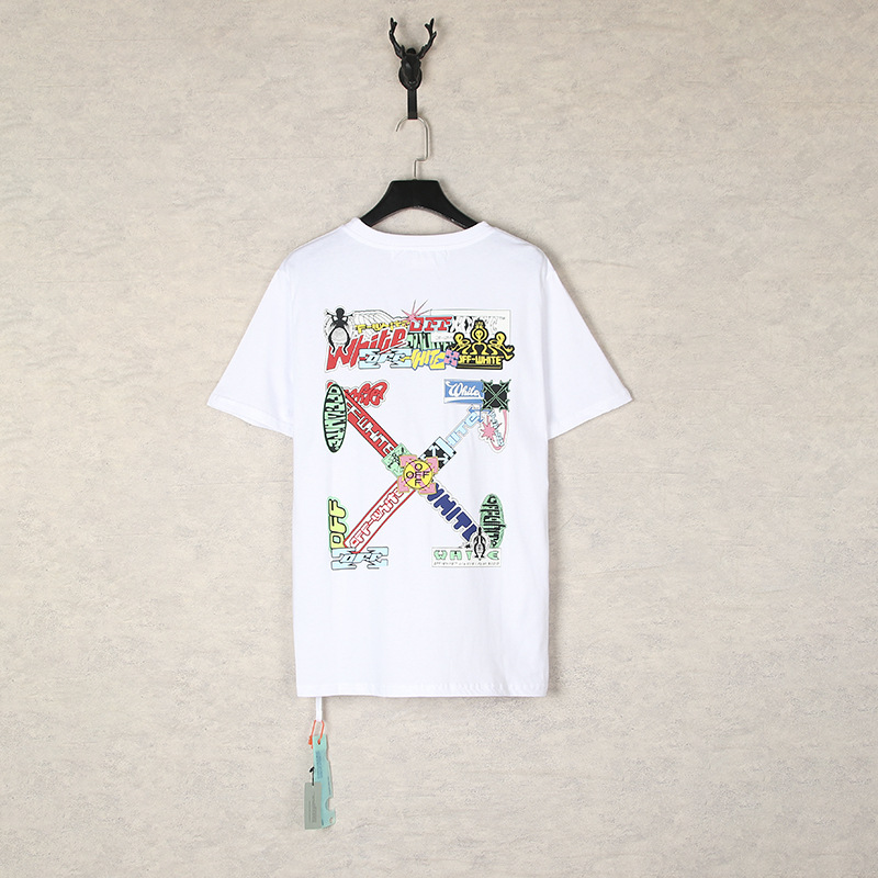 [Código europeo] versión correcta de impresión de acuarela splash tinta gradiente flecha graffiti ow marca de moda de manga corta pareja camiseta