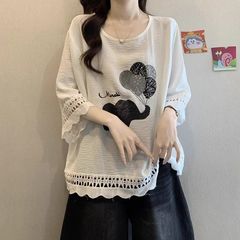 大码别致镂空七分袖T恤女夏季胖MM宽松显瘦蕾丝拼接圆领上衣