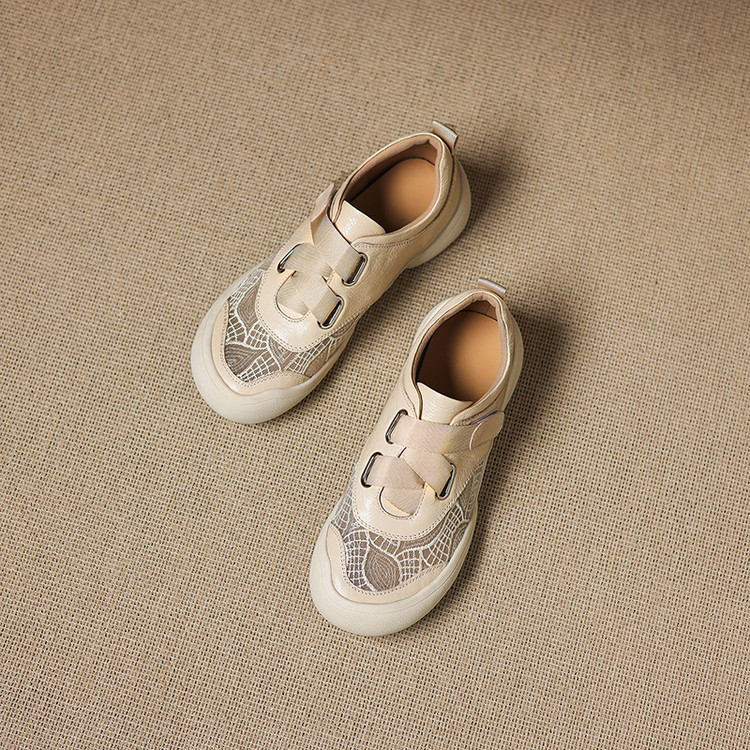 Giày sneaker nữ phối màu da thật lỗ thoáng khí đế bệt buộc dây kết hợp miếng dán — màu trắng ngà chi tiết 49