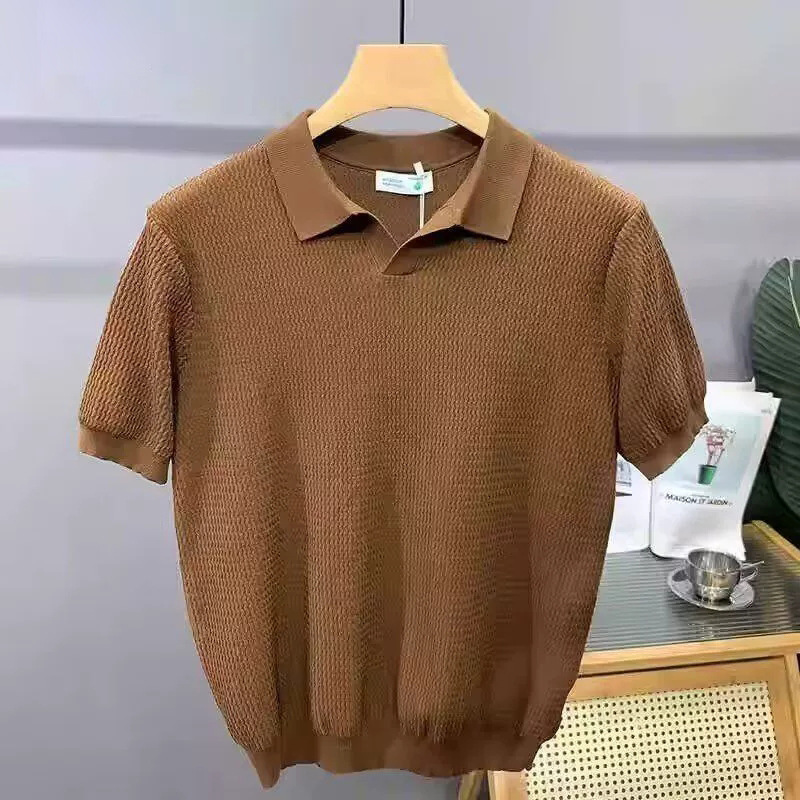 Summer New Knitted Knitwear Ice Silk Short-Sleeved Men's Slim Business Polo Shirt V Neck Trendy T-Shirt Export Cross-Border Wholesale