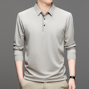 Cross-border Foreign Trade Ice Silk Elastic Thin Long-sleeved T-shirt Men's Spring and Autumn Middle-aged Casual Base Polo Shirt Top