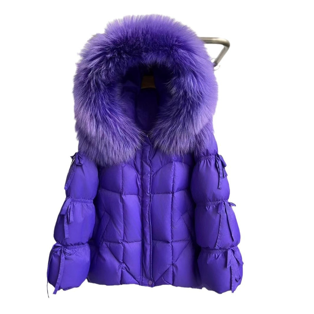 Vêtements pour femmes Hiver Nouveau haut de gamme fourrure grand col à capuche doudoune femme sangle papillon manteau chaud épaissi_voghion.com