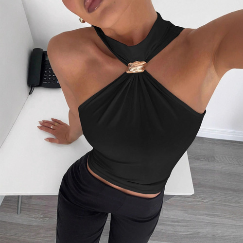 Spring and summer women's high-necked metal ring sleeveless strapless elastic vest