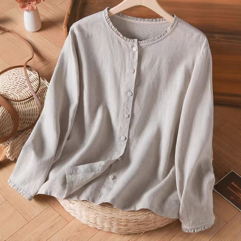 Rain and Dew Linen 2024 Spring and Autumn Long-sleeved Artistic New Round Neck Mid-length Loose Commuting All-match Vacation Rain and Dew Linen 2024 Spring and Autumn Long-sleeved Artistic New Round Neck Mid-length Loose Commuting All-match Vacation