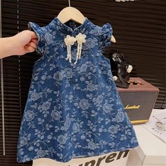 Little Girl Traditional Chinese Style Collar Qipao Dress Summer Girl Retro Wing Sleeve Denim Dress Baby Fashion Flower Dress