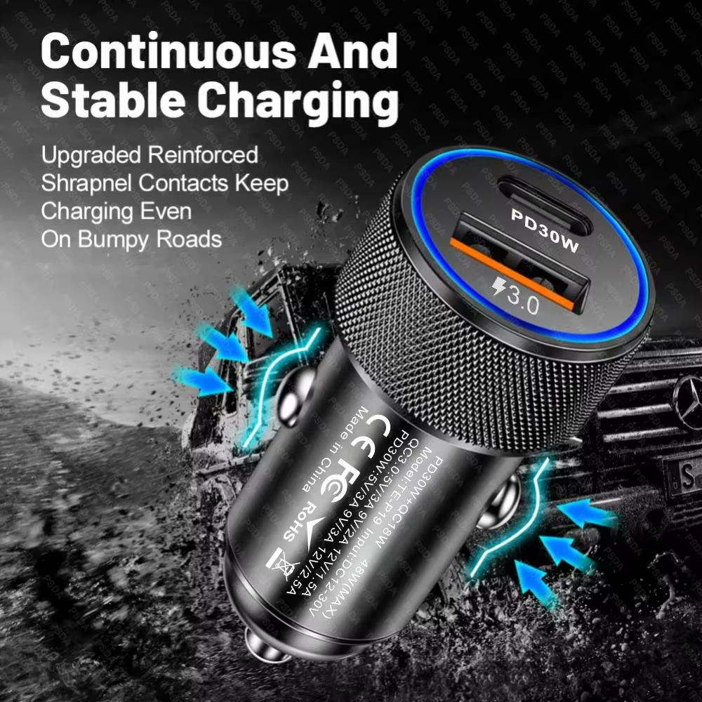 Cross-Border Hot-Selling 48W Qc3.0 Pd30W Car Fast Charger with Dual Ports