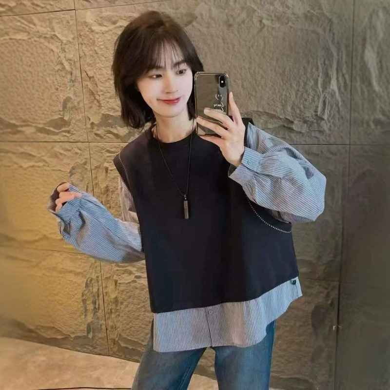 2026 Autumn New Arrival Korean Style Color-Block Patchwork Faux Two-Piece Round Neck Pullover Long Sleeve Women's Casual Shirt