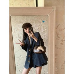 设计感小众廓形西装外套女春秋学院风西服百褶裙短款针织上衣套装