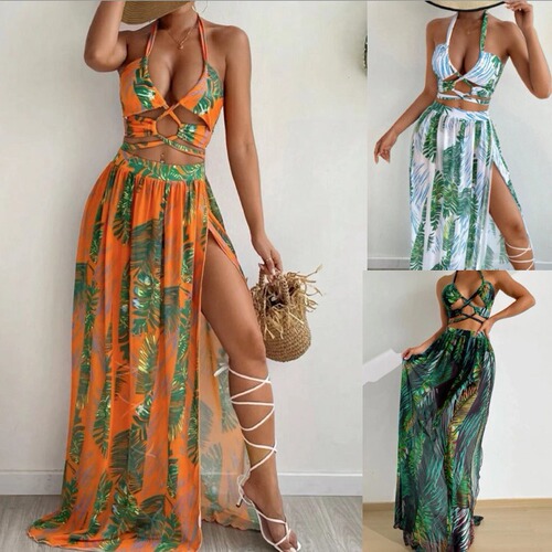 Women's Sexy Three-Piece Swim Suit Set with Print, Drawstring, and Bandeau for 2024 - Amazon Cover Dress and Bodycon Bikini