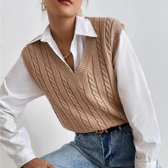 Amazon Cross-border Foreign Trade Sweater European and American Women's Knitted Vest Pullover V-Neck Vest Sweater Top Women
