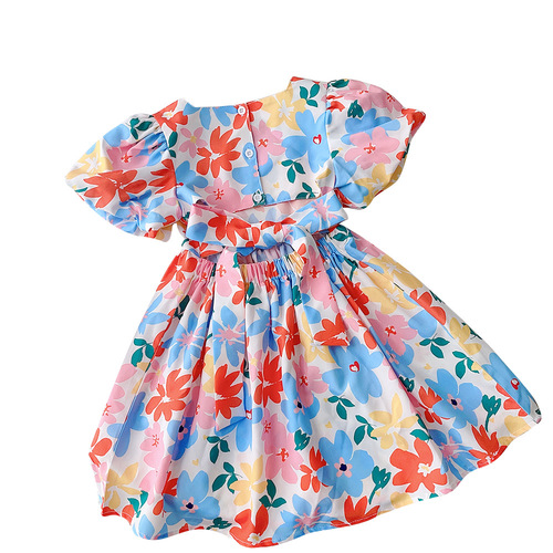 Korean children's clothing backless design floral girls dress summer puff sleeve baby girl short-sleeved skirt vacation dress