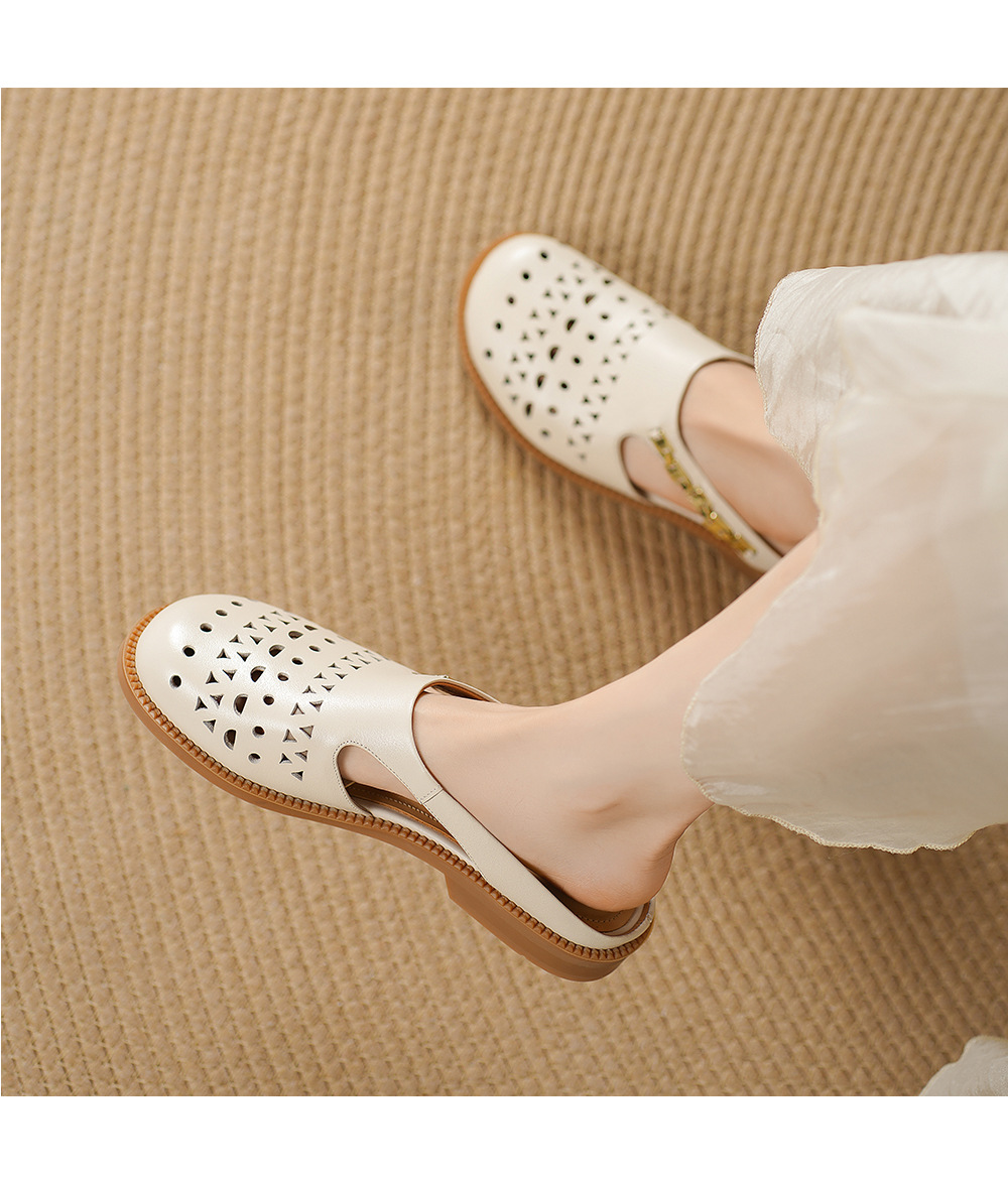 Dép sandal nữ da bò mũi trùm đế bệt kiểu lỗ thoáng khí — đen chi tiết 6