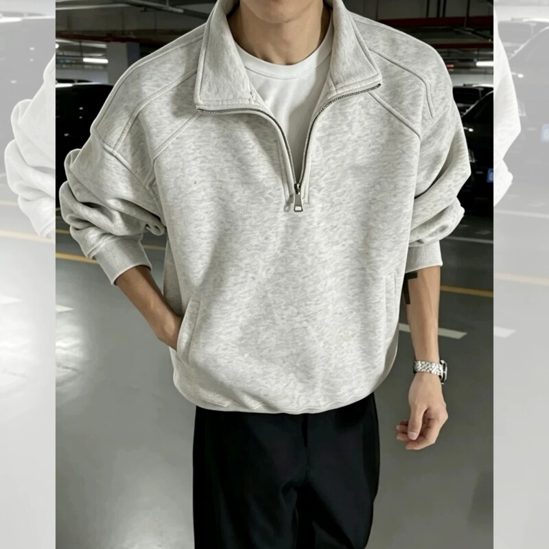 2026 Spring New Men's American Retro Half-Zip Stand Collar Sweatshirt, Heavyweight Loose Fit Couple's Top Jacket for Men