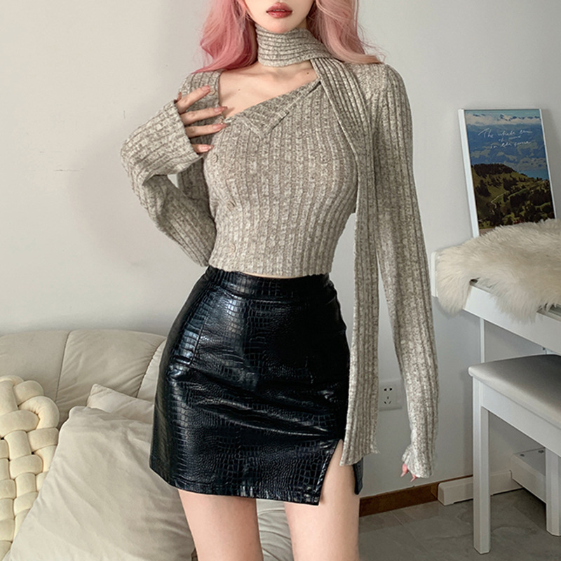 simple button irregular slim long-sleeved solid color sweater NSGWY139454