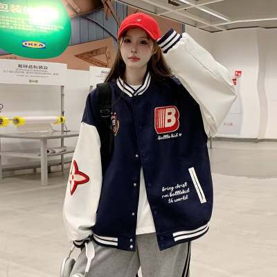 Cross-Border Navy Blue Towel Embroidery Patchwork Baseball Jacket for Men and Women, Autumn and Winter Trendy Brand Loose Bomber Jacket
