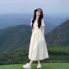 夏日温柔风初恋大摆长裙子女高级感气质收腰甜美v领小个子连衣裙