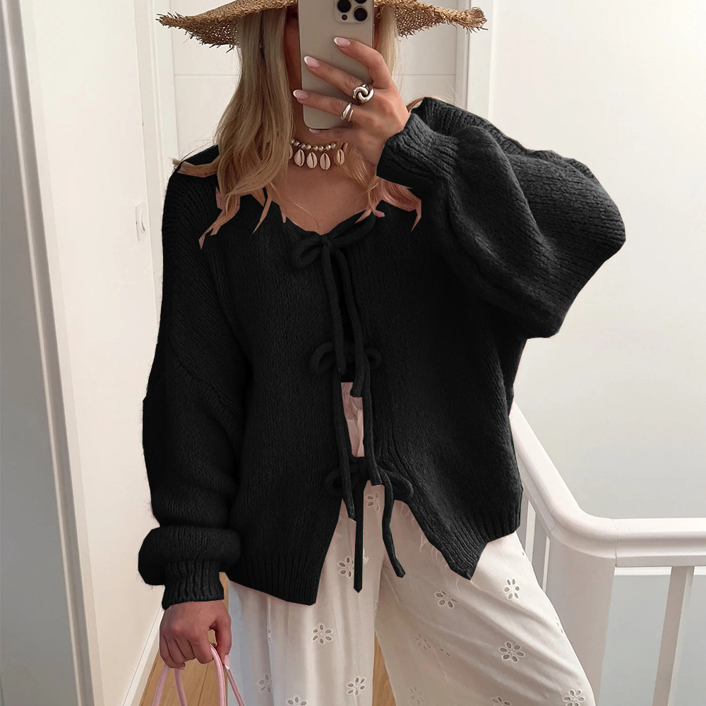 491g Weight Long Sleeve Sleeve Length Tie Placket Type Polyester Fabric Type Regular Top Length Cardigan, Sweater Tops Type Daily Occasion U Neck Neckline Loose Fit Type Solid Color Pattern Spring, Autumn Season Women's Gender Casual, Elegant Style Wholesale Women's Casual Elegant Solid Color Long Sleeve Sweaters & Cardigans 9