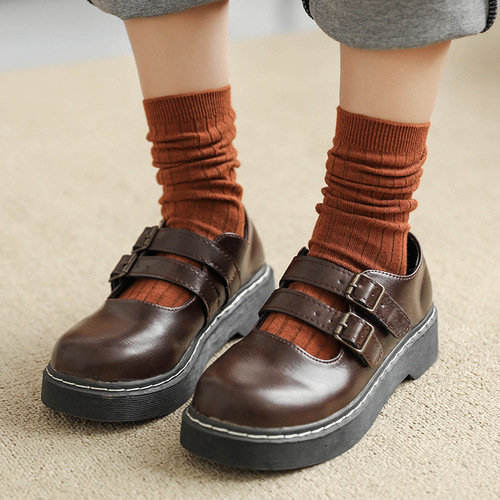 Zhuji women's crew socks pure cotton spring and autumn thin single color stack socks Japanese black long socks trendy items