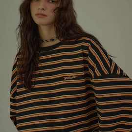 韩国东大门设计师小众品牌宽松针织条纹长袖T恤女针织圆领上衣