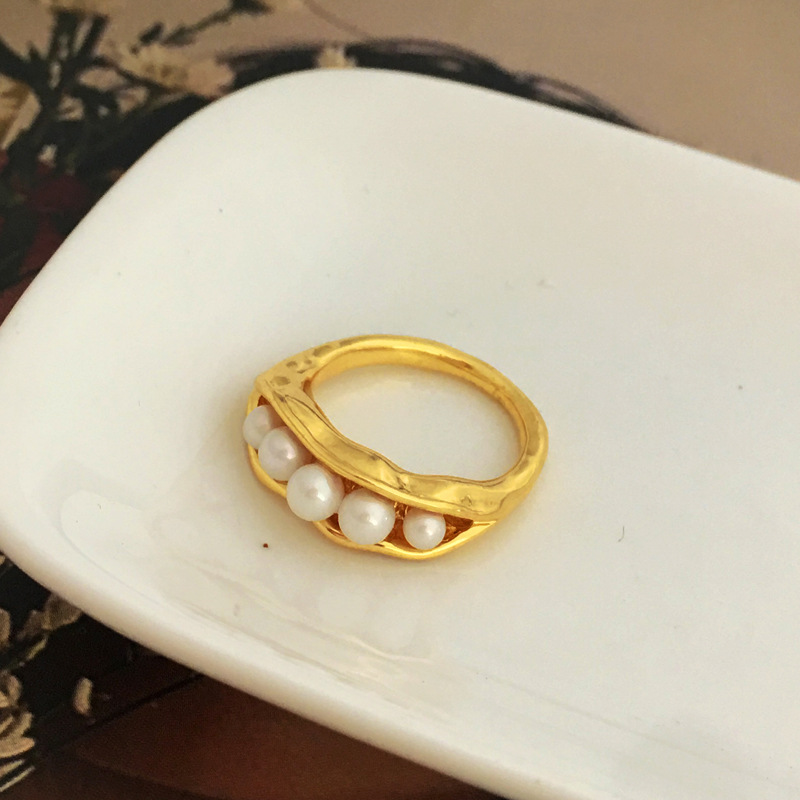 Retro Geometric Copper Rings Plating Artificial Pearls Copper Rings