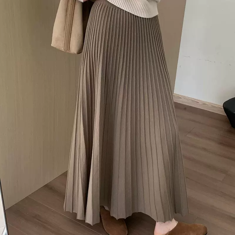 高腰垂坠感针织a字半身裙女2025新款灰色百褶裙梨型身材遮胯裙子