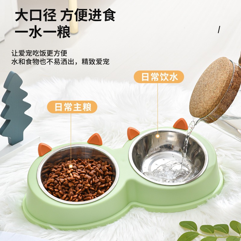 Nuevo tazón para mascotas de acero inoxidable con orejas de gato, tazón doble, anti-volcado, lavabo para perros, perros y gatos, agua potable universal para gatos, tazón para gatos