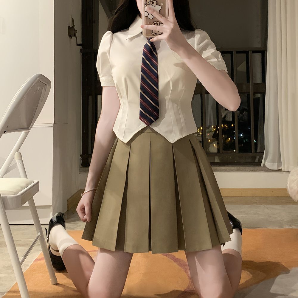 재고 도매 JK 원래 디자인 순수 바람 숙녀 허리 흰색 셔츠 버블 슬리브 슬림 짧은 소매 셔츠