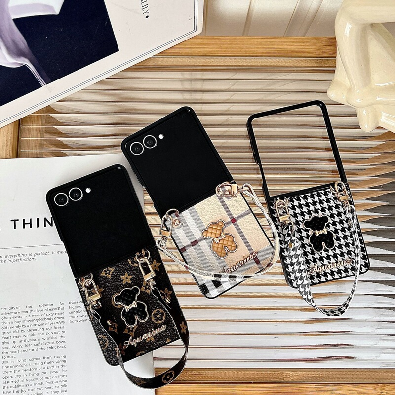 New Model Suitable for Samsung Zflip7 Mobile Phone Case Foldableing Screen Presbyopic Leather Pattern Zflip6 Houndstooth 5 Bear Case
