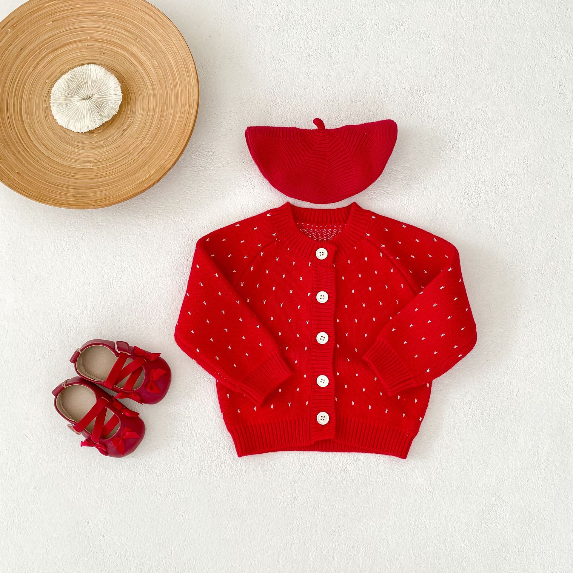 Autumn Children's Fashionable Sweet Baby Girl's Jacquard Red Knitted Coat Cardigan