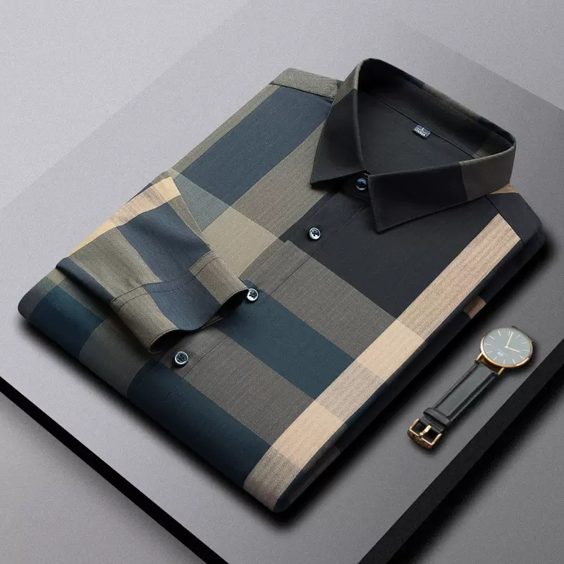 阿里虎男装高端大牌时尚格子衬衫休闲免烫格子条纹长袖衬衫衣男士