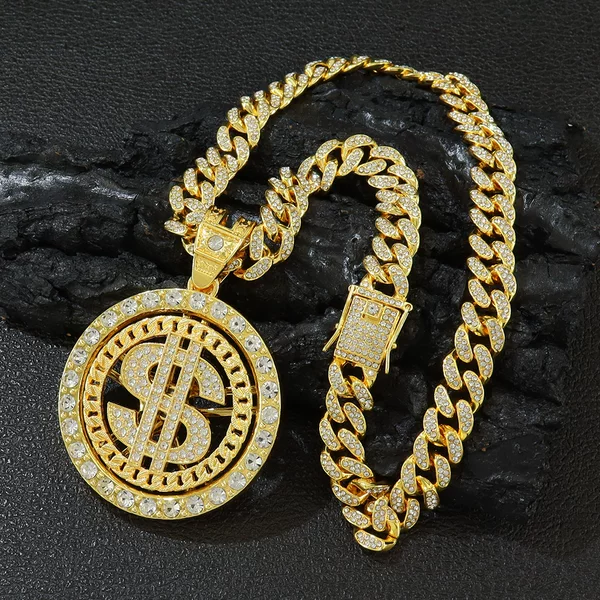 New European and American Hip-Hop Style Necklace with Full Diamond Rotating Dollar Pendant, Cuban Necklace with Rotating Dollar Pendant