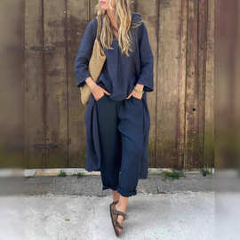 2025亚马逊独立站欧美爆款女装夏季口袋V领2件套纯色宽松跨境女装