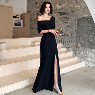 Black One-Shoulder Evening Dress 2025 Long Banquet Elegant Queen Socialite Slimming Look Dress Elegant