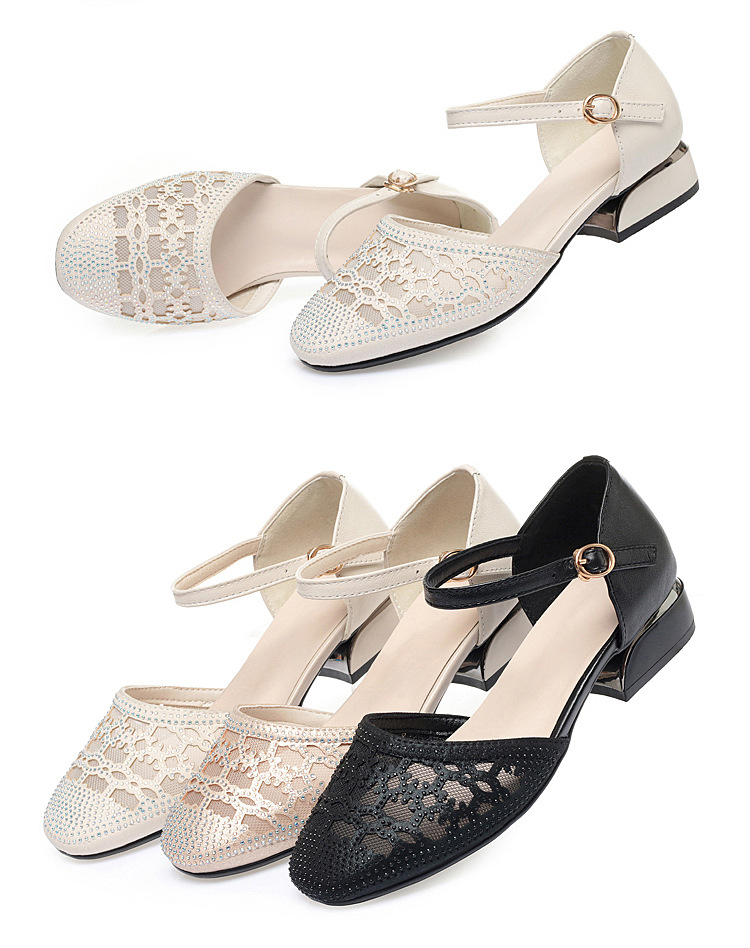 Sandal bít mũi nữ da thật lưới thoáng gót thấp — Màu be chi tiết 17