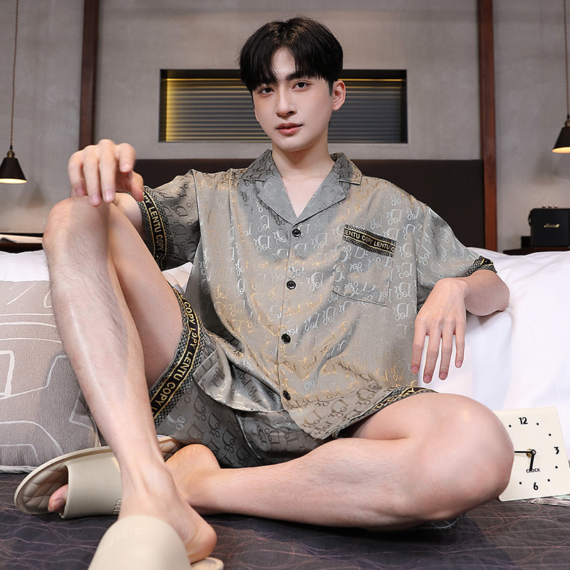 New Summer Men's Pajamas Ice and Snow Silk Cool Short Sleeve Shorts Thin Cardigan Lapel Home Clothes suit for Teenagers