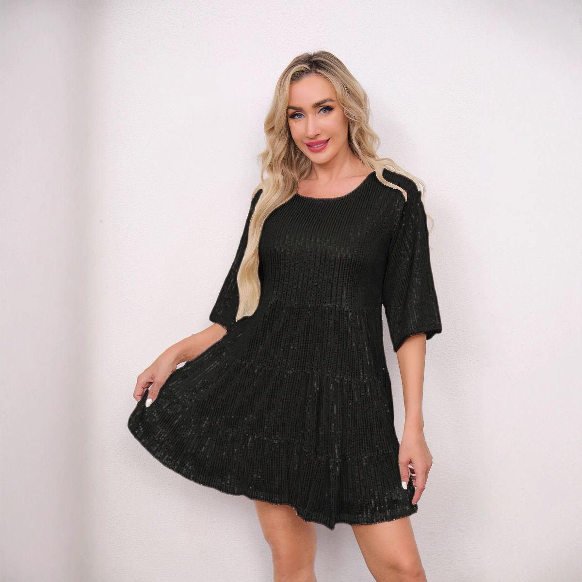 European And American Cross-Border Trade New Hot-Selling Fashion Solid Color Loose Waist Sleeve Short Sequin Party Dress_ecoleips.com