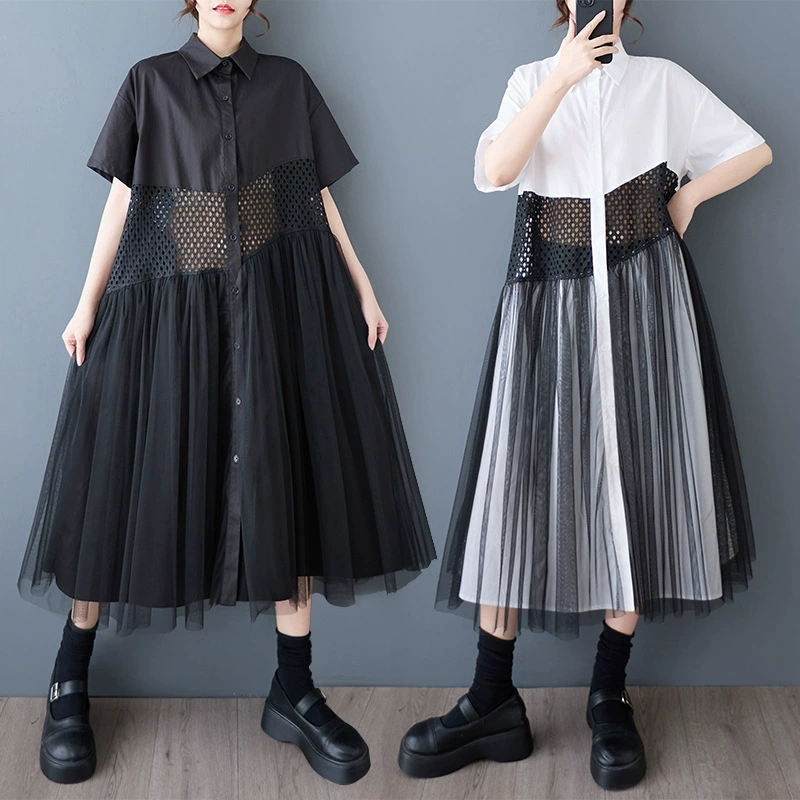 Реальный выстрел 2025 весна и лето новая корейская версия свободного размера сшивания случайный простой сладкий рубашка платье