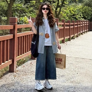 Plus Size Women's Clothing 2025 New Korean Style Plaid Shirt White Short-Sleeved Fat mm Loose Slim Jeans for Women