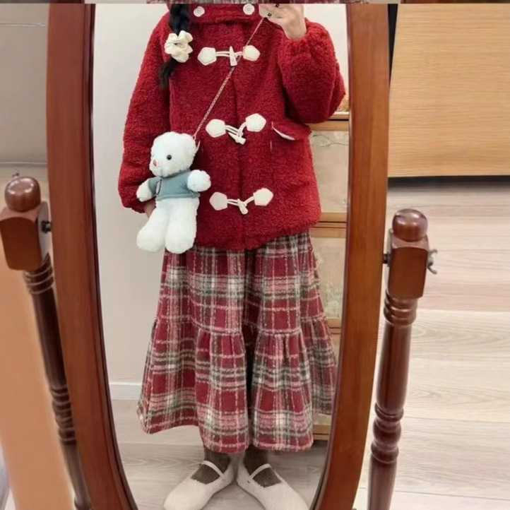 (2개) 붉은 뿔 버클 모피 코트 여성 가을 겨울 새로운 달콤한 아카데미 스타일 양모 후드 코튼 코트 코트