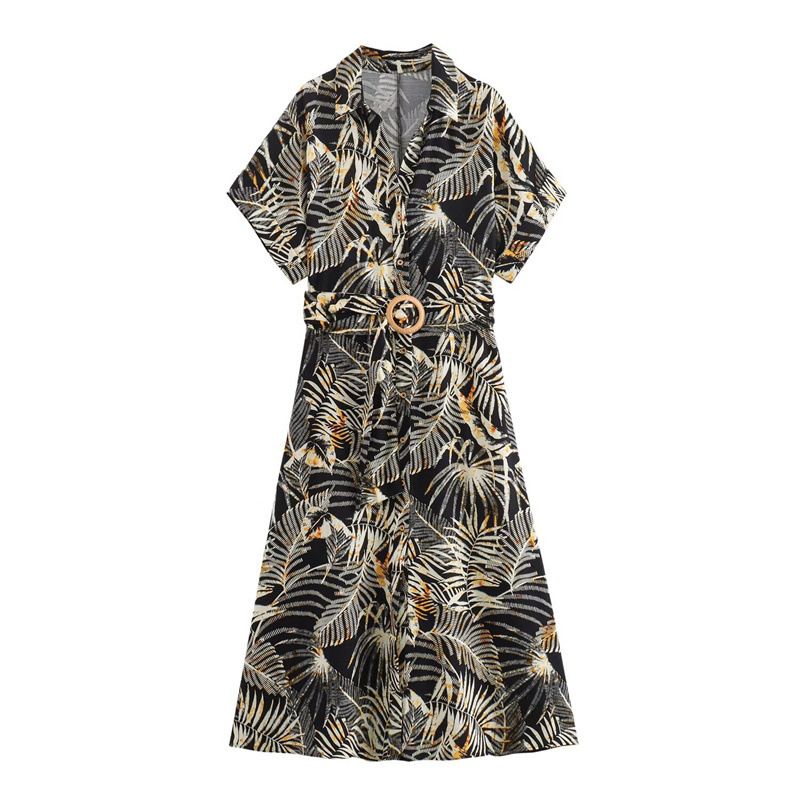 Cross-Border Export European and American Style Summer New Women's Clothing Tropical Style with Belt Printed Long Dress 1165116