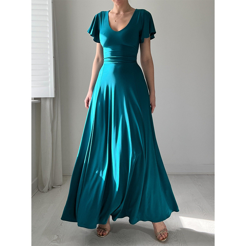 2025 Summer New European and American Cross-Border Amazon Pure Color Lotus Leaf Sleeve French Dress High-End Mid-Length Skirt