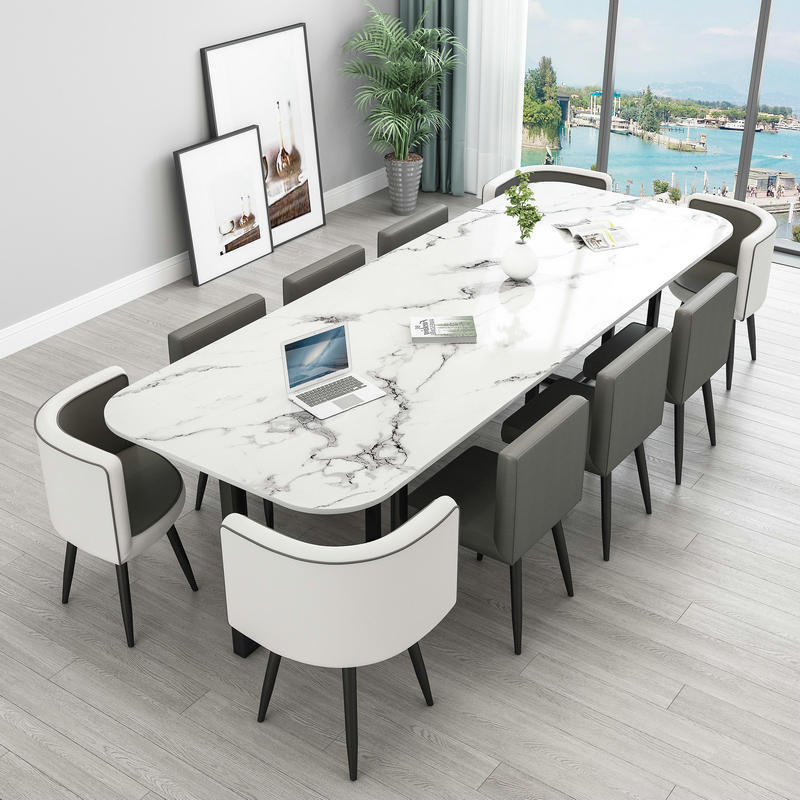 240*100 mesa de escritorio con patrón de piedra de imitación gris oscuro cuero blanco una mesa diez sillas