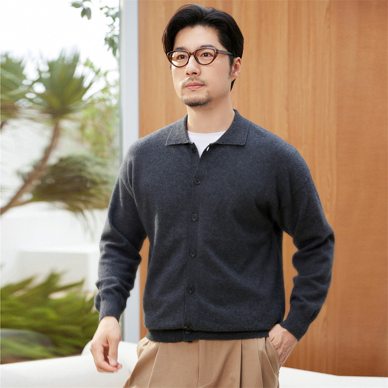 100% pure cashmere cardigan, men's autumn/winter fashion retro polo collar knitted warm sweater coat