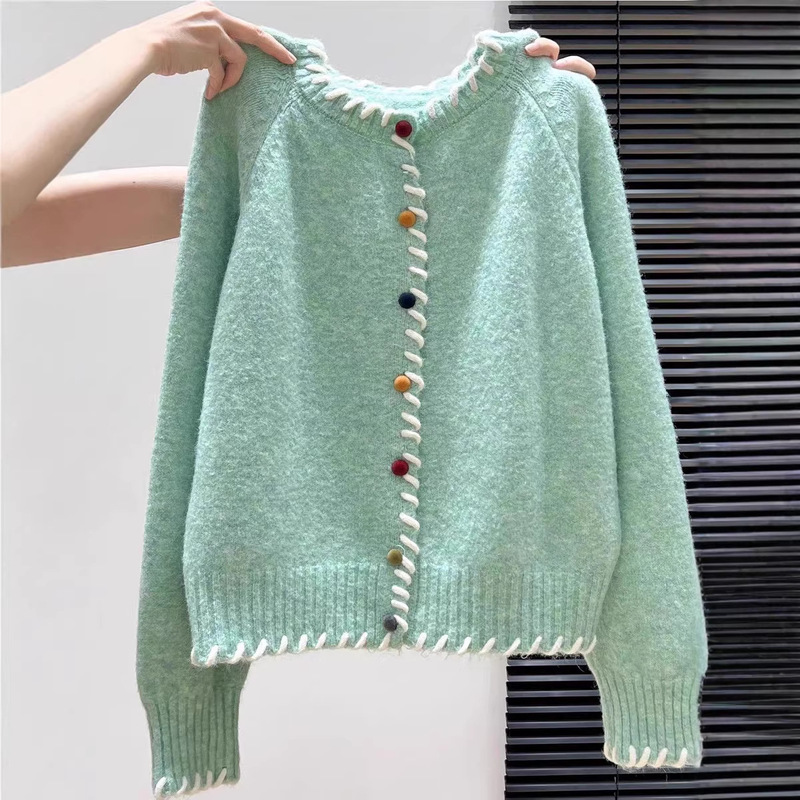 Puyuan Pure Sheep Wool Autumn and Winter Green Round Neck Knitted Cardigan for Women, Loose Casual Sweater Coat for Women, Autumn Top